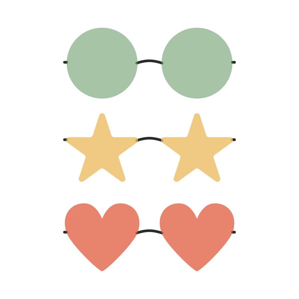 Flat vector hippy boho round, heart, star shaped sunglasses illustration. Hand drawn retro groovy elements.