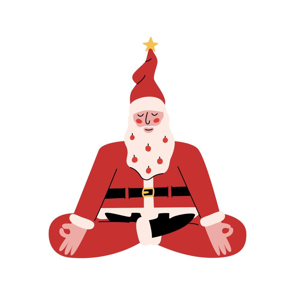 Flat vector hand drawn Santa Claus meditating isolated on white background