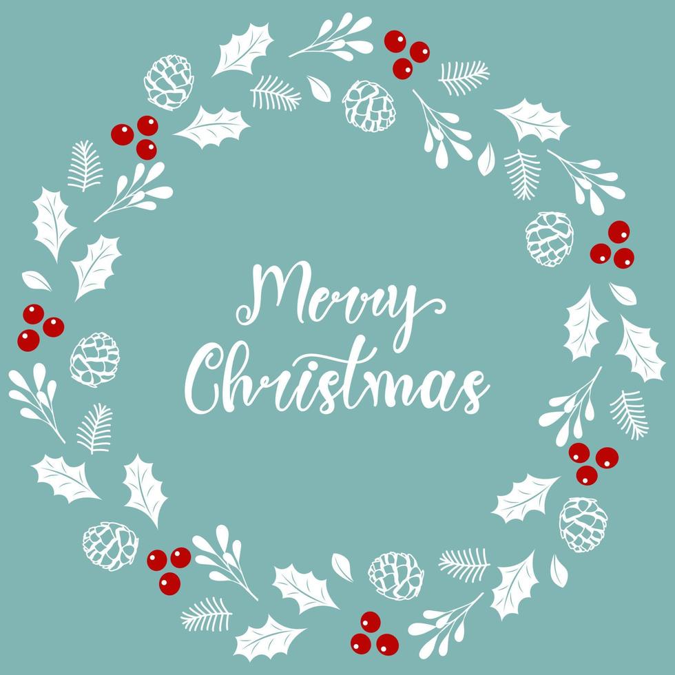 Hand drawn Merry Christmas text with illustration of tree branches, berries, cones and holly. Good option for greeting card, invitation, poster template and etc. vector