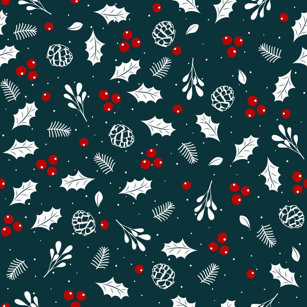 Winter floral seamless pattern with forest branches, holly leaves, mistletoe berries, pine cons, snow. Perfect for Christmas, New year holidays wrapping paper. vector