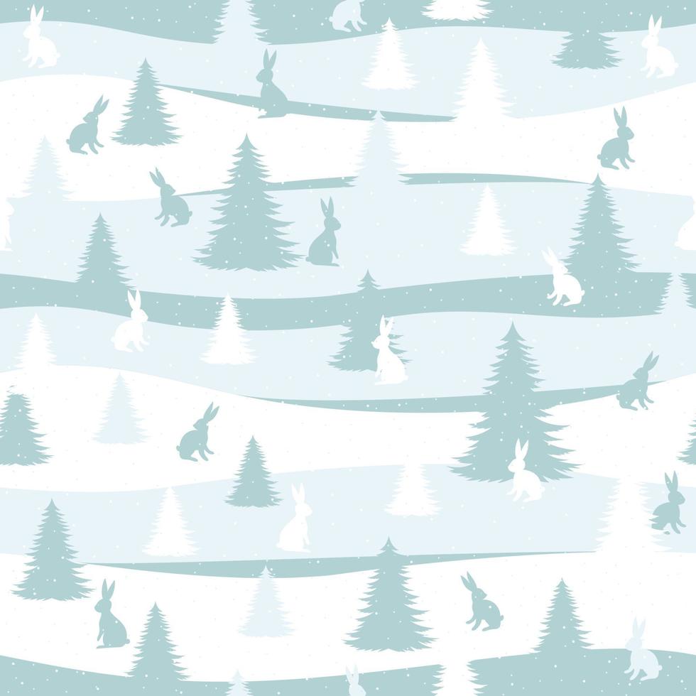 Seamless pattern with Christmas trees and hares. Christmas and New Year holidays. Creative vector background for fabric, textile, nursery wallpaper.