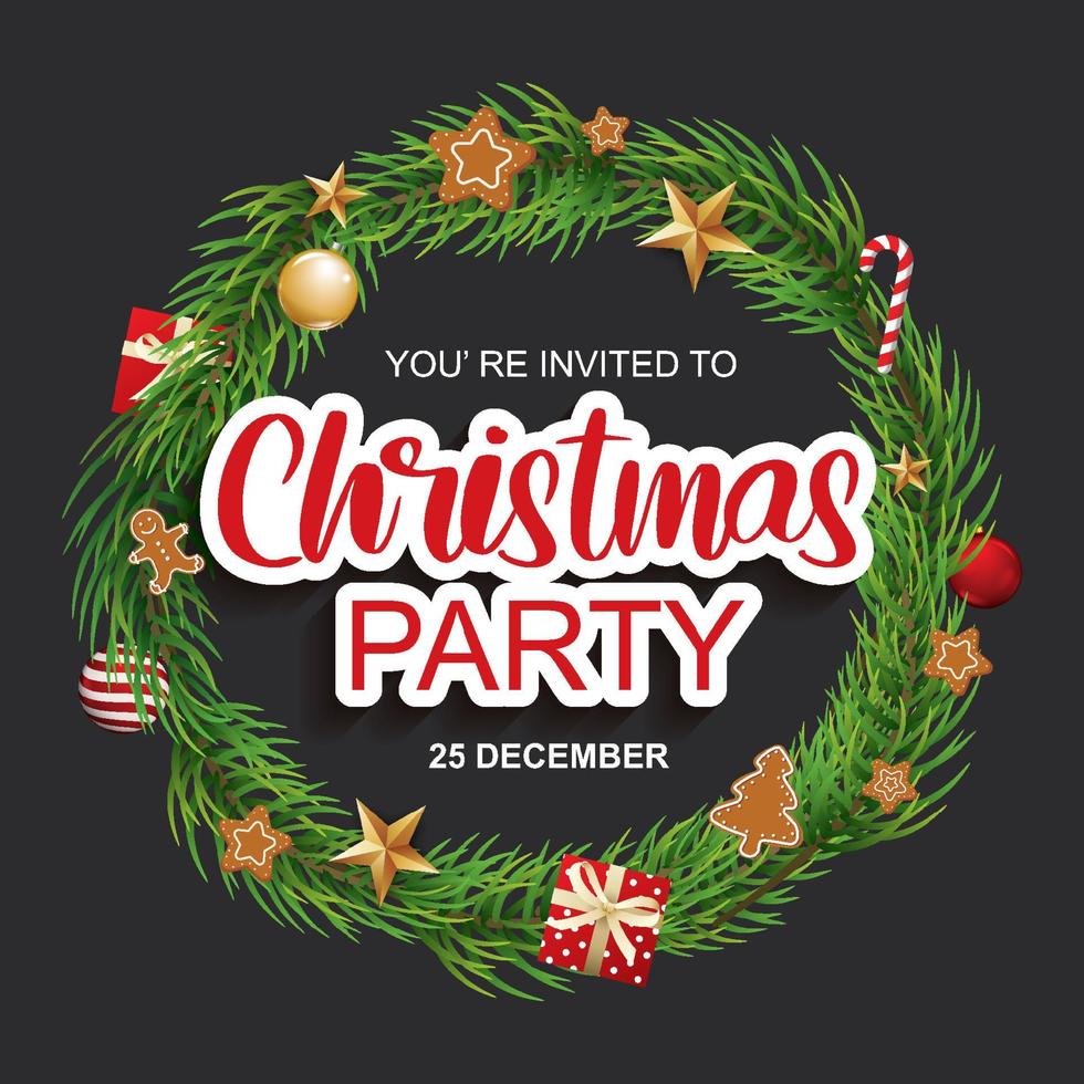 Merry christmas party invitation card banner template background. Xmas pine fir lush tree. vector