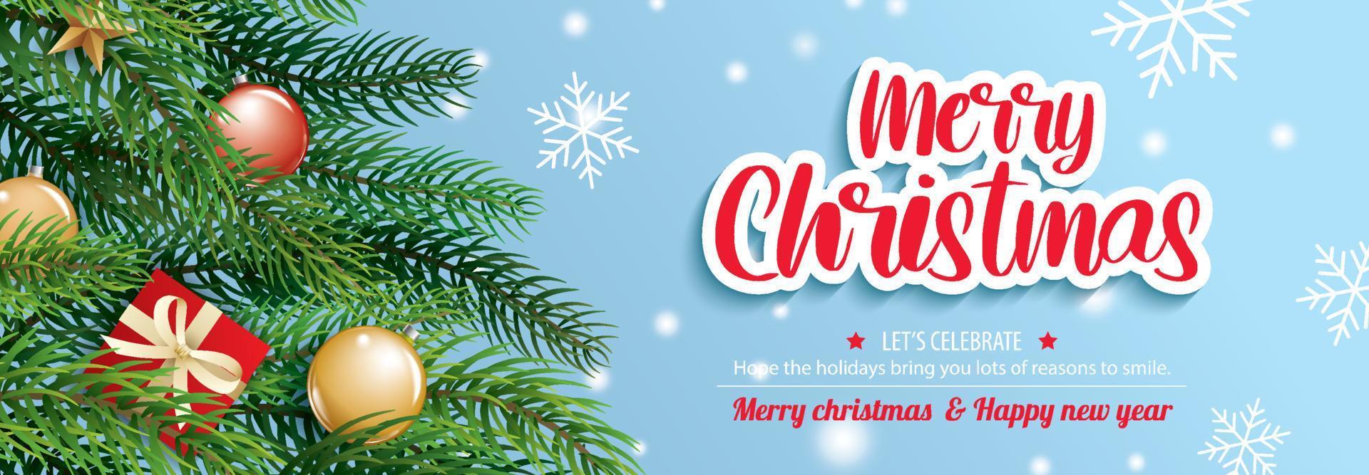 Merry christmas with pine fir lush tree for flyer and brochure design background template. Happy holiday greeting banner and card template. vector