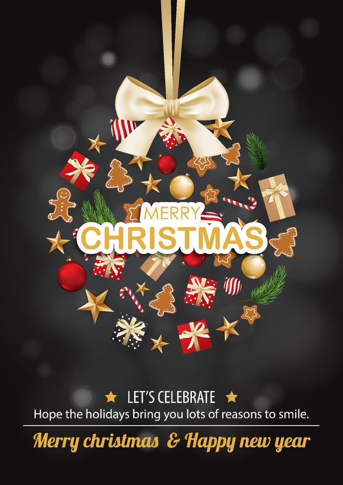 Merry christmas object in glass ball shape for flyer and brochure design background template. Happy holiday greeting banner and card template. vector