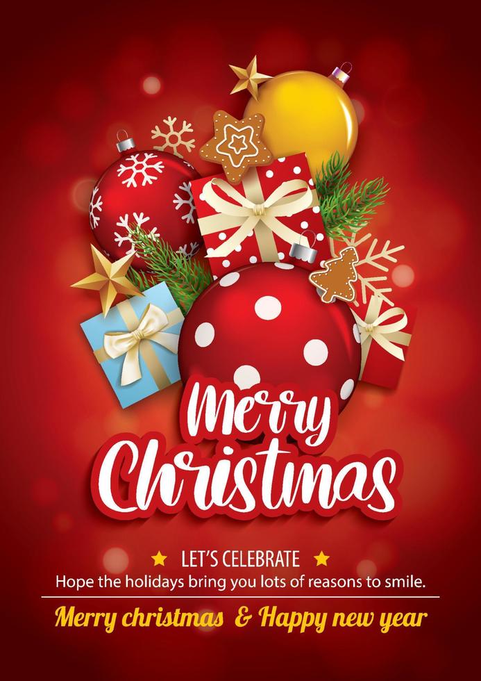 Merry christmas party glass ball and gift box for flyer brochure design on red background invitation theme concept. Happy holiday greeting banner and card template. vector