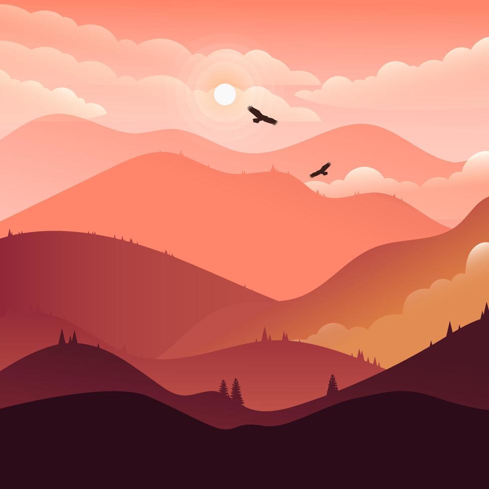 paisaje natural montaña arte vectorial puesta de sol vector