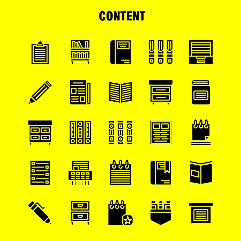 contenido paquete de iconos de glifos sólidos para diseñadores y desarrolladores iconos de libro marca de libro contenido contenido bolígrafos vector de contenido de bolsillo