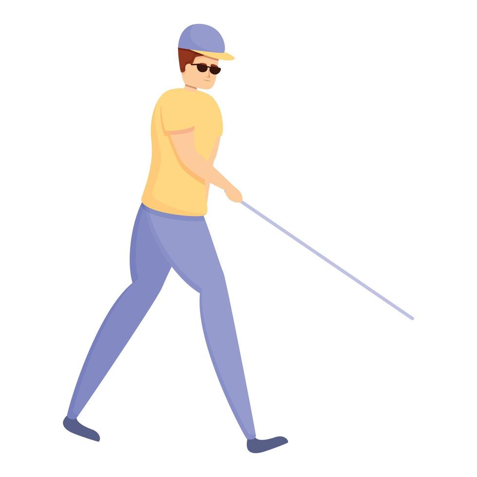 Blind boy with stick icon, cartoon style vector