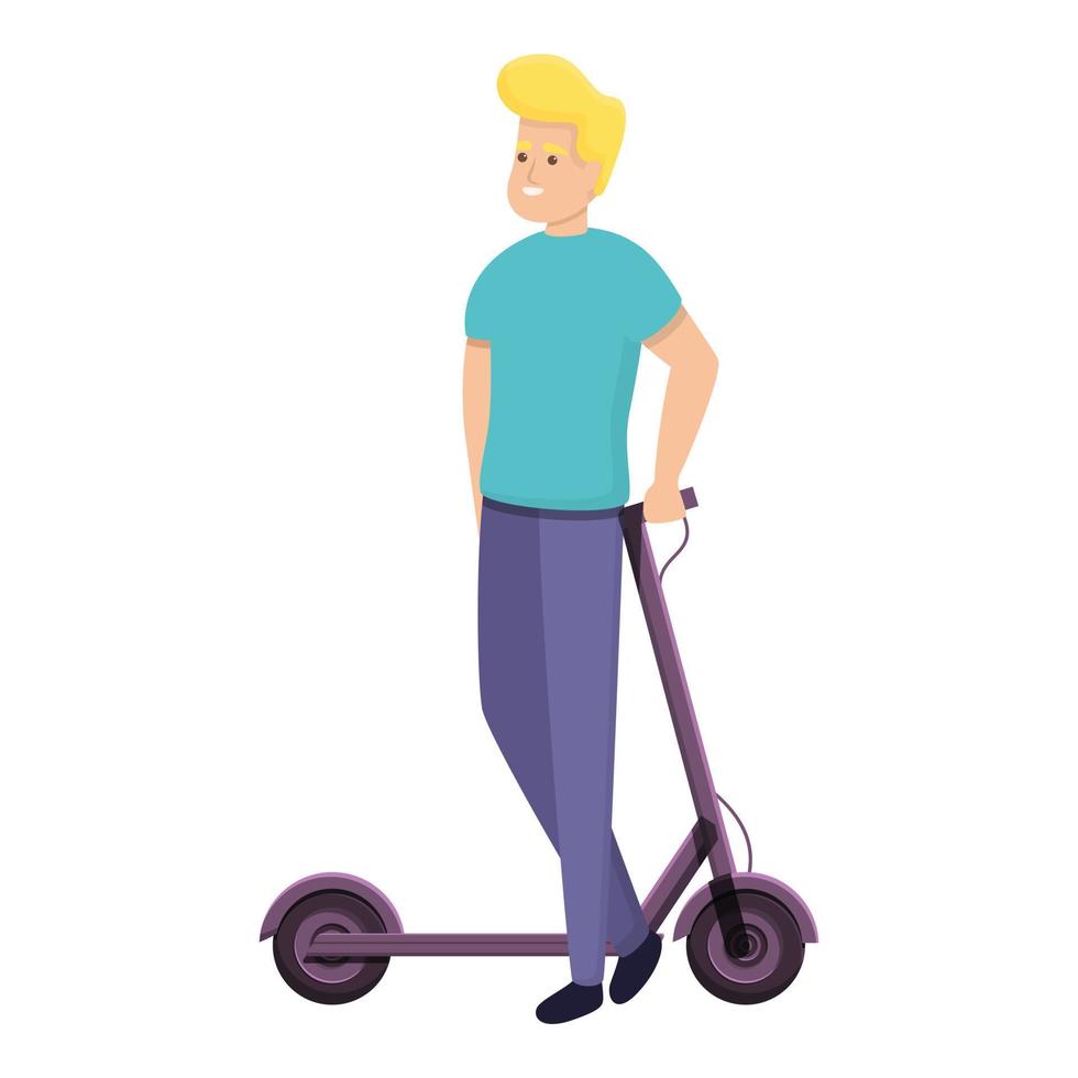 Blonde hair boy electric scooter icon, cartoon style vector
