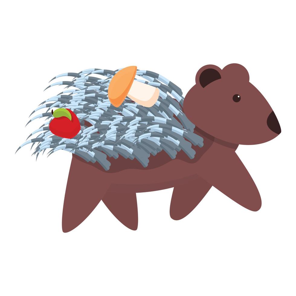 Porcupine with apple and mushroom icon, cartoon style vector