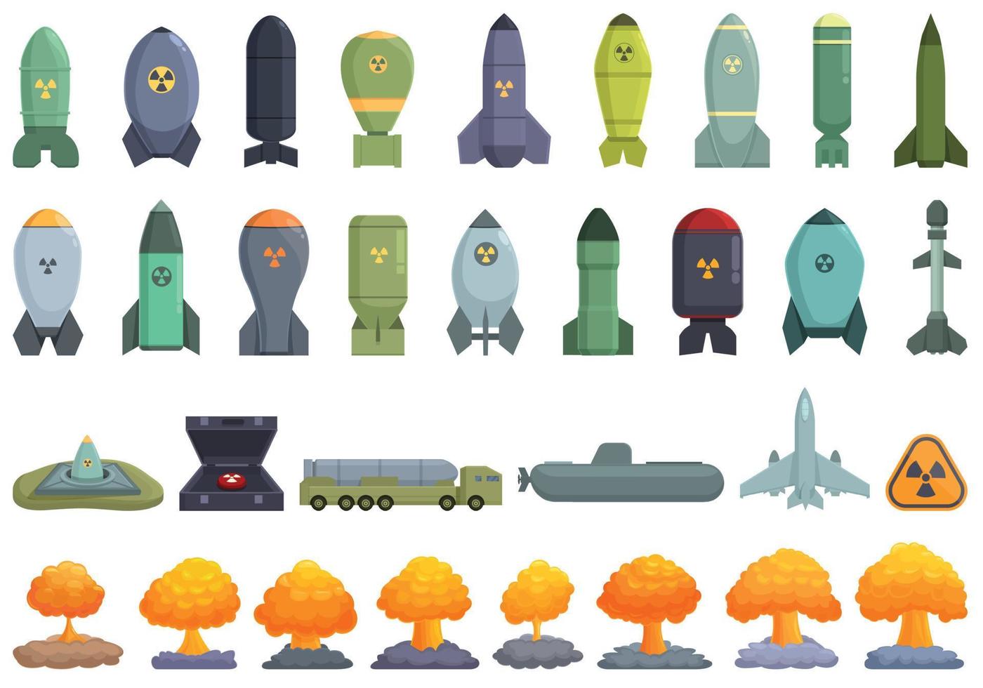 Nuclear weapon icons set cartoon vector. Military ship vector