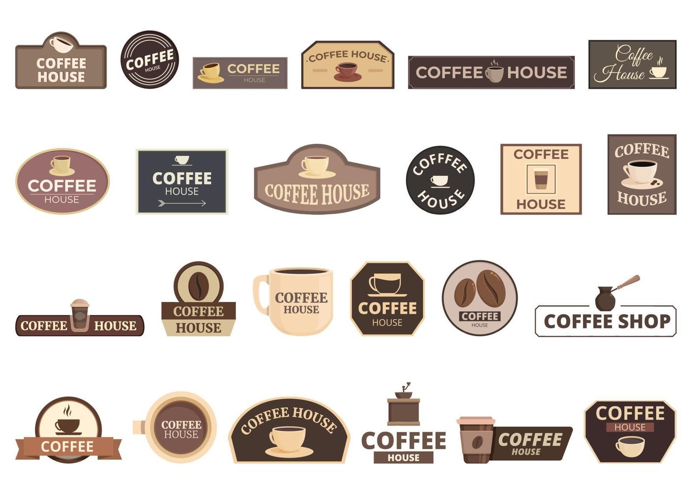 los iconos del letrero de la casa de café establecen el vector de dibujos animados. tienda de café
