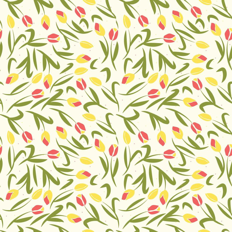 Vector seamless tulip pattern. Yellow and red tulips with green leaves. Floral pattern for fabric, clothing or umbrella print.