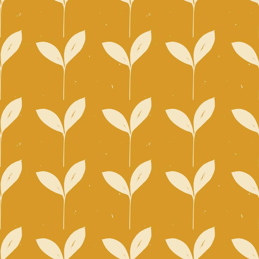 Seamless vector plant pattern. Beige leaves on mustard or yellow background. Illustration of leaves in engraving and retro style. Pattern for clothing print, home textiles or packaging.