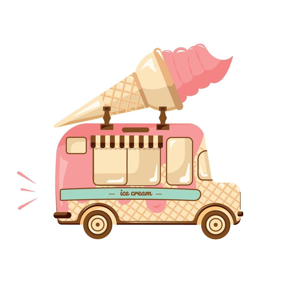 furgoneta de helado retro rosa. coche con anuncio de helado en el techo. Máquina de postres antigua. decoración de cono de helado en el. vector