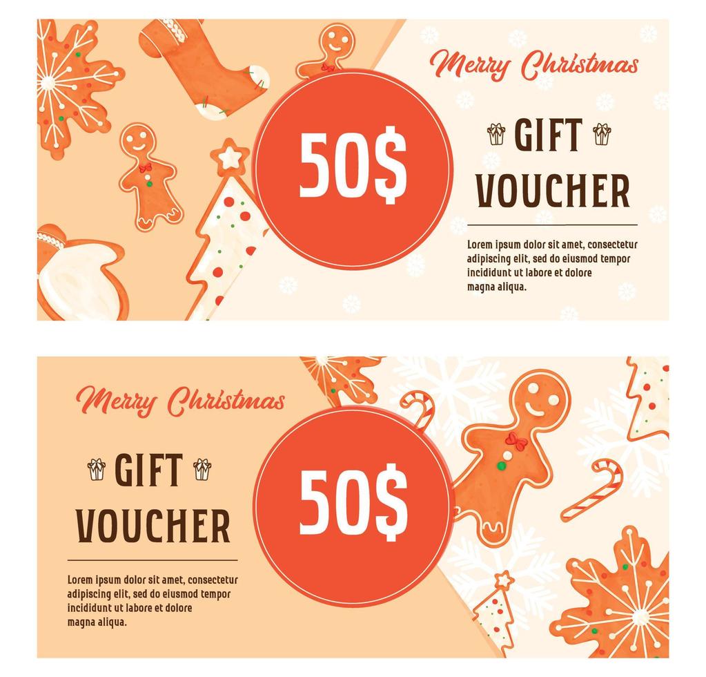 Vector Christmas gift voucher template. Christmas discount coupon decorated with gingerbread. Gift voucher for customers.