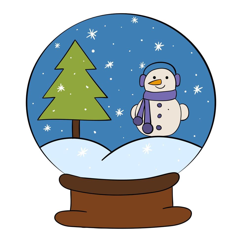 A snow globe with a Christmas tree and a snowman. vector illustration.