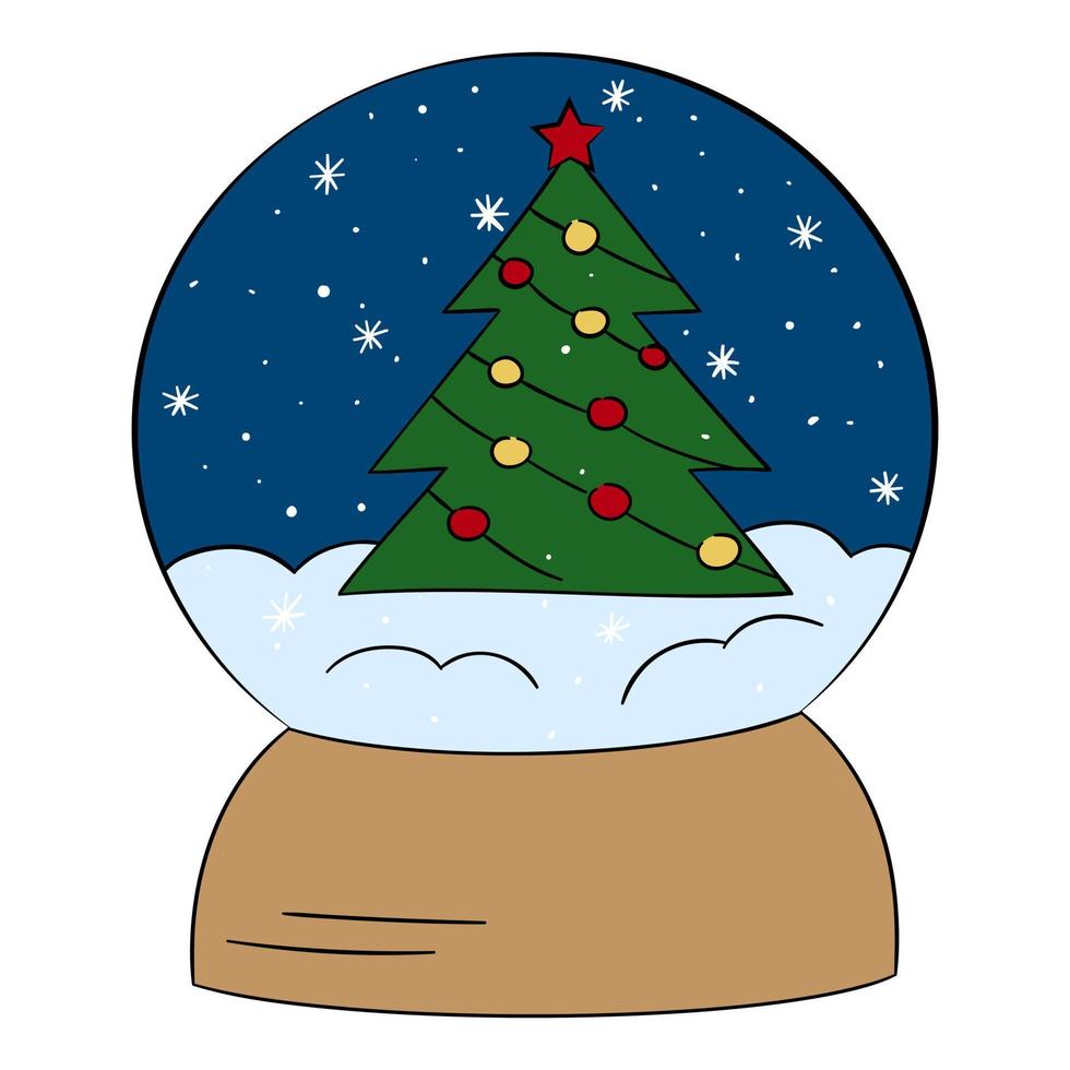 Snow globe with decorated Christmas tree, vector illustration