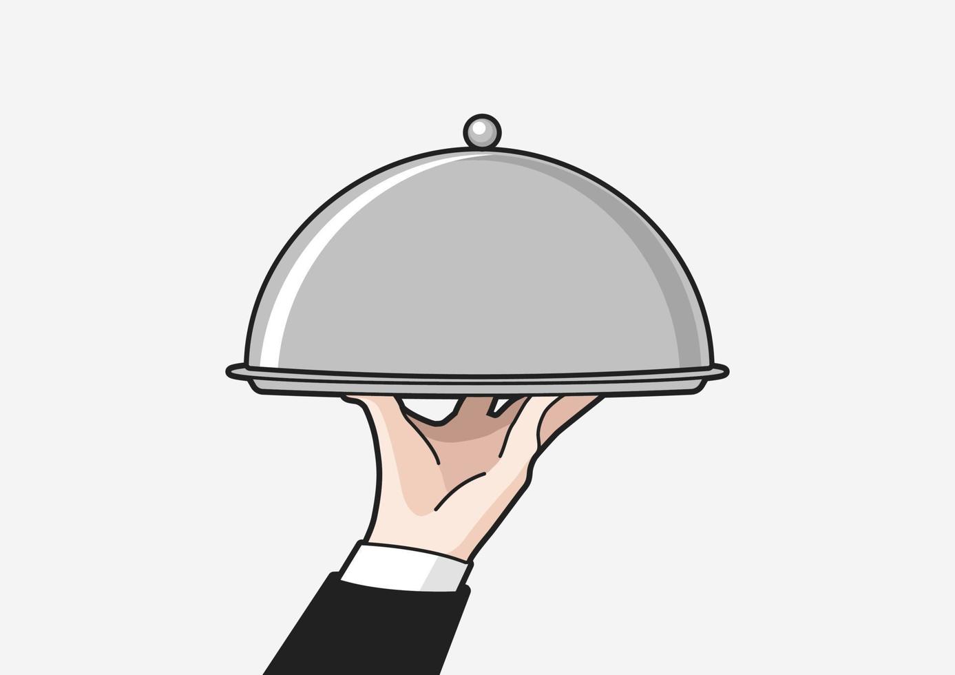 Waiter serving with tray. Waiter hand with tray and metal cloche lid cover. vector