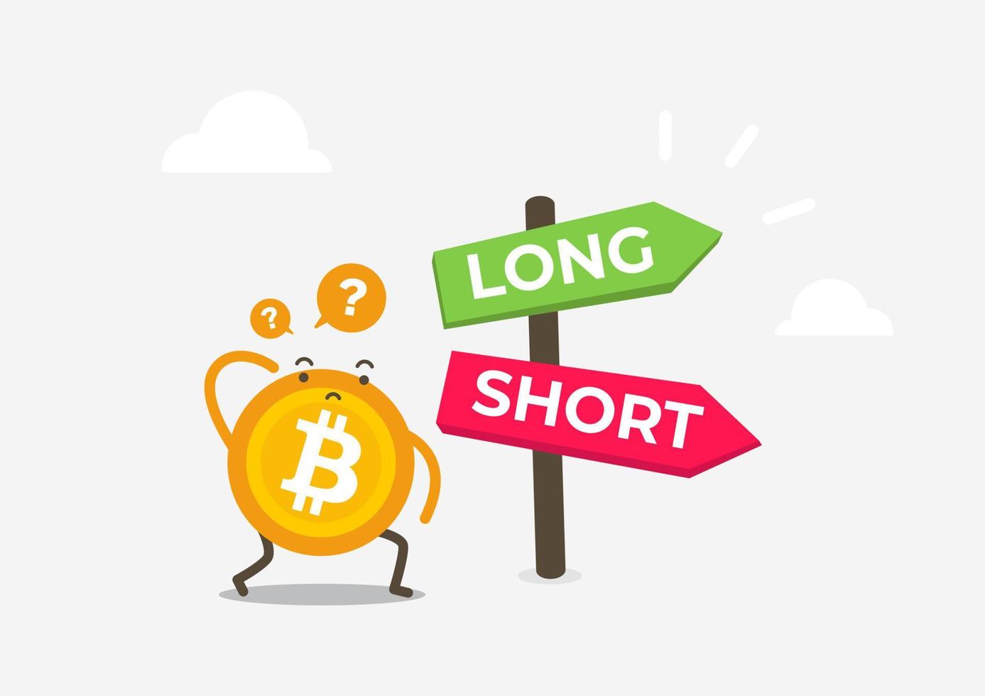 Bitcoin in front of a choice of the way long and short. Cryptocurrency cartoon concept. vector