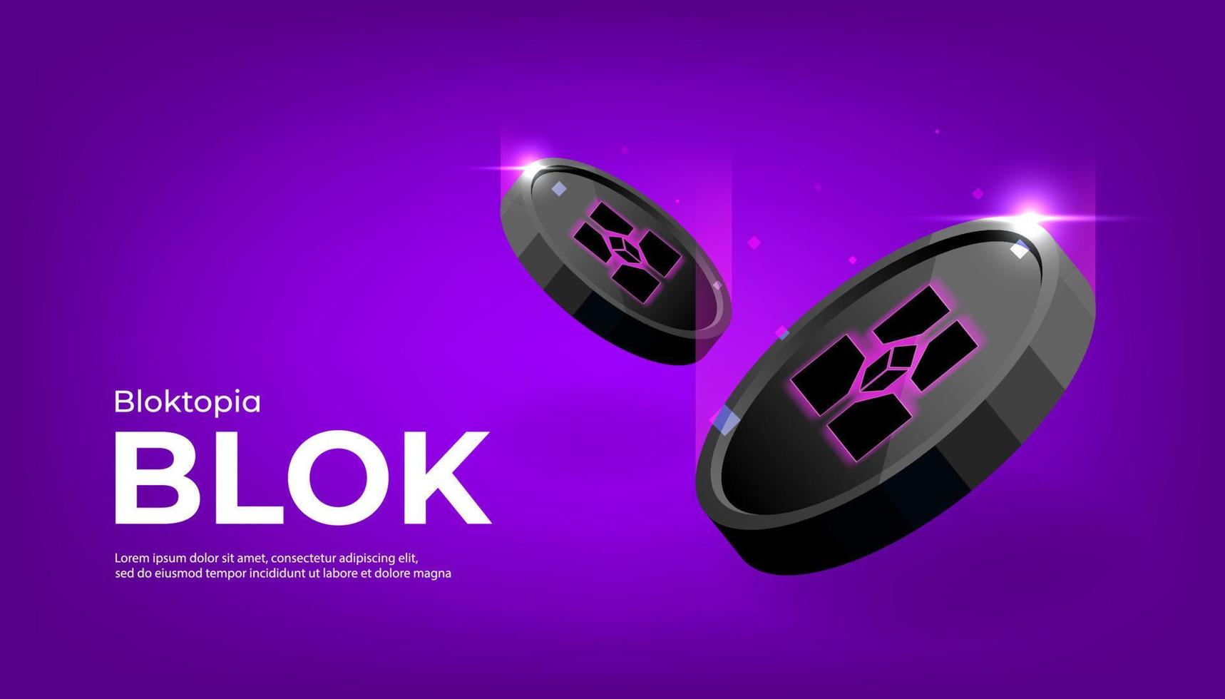 Bloktopia BLOK coin crypto currency themed banner. BLOK icon on modern purple color background. vector