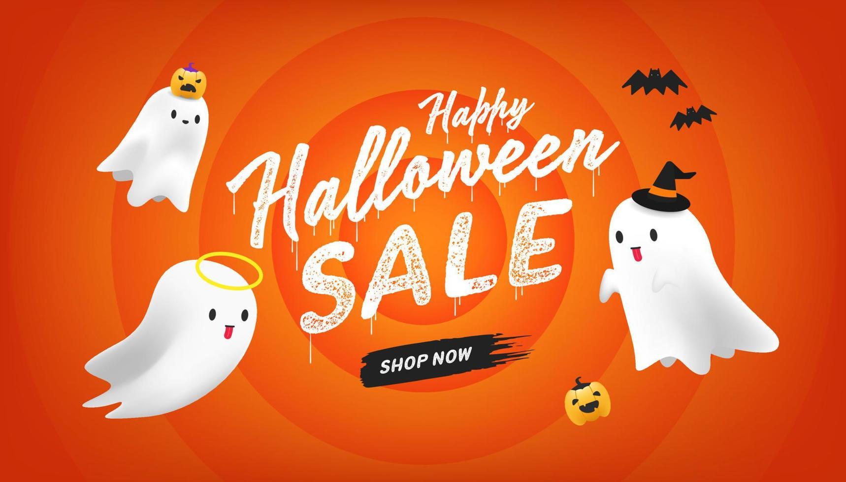 diseño de plantilla de banner de venta de halloween. evento de venta de halloween con lindos fantasmas sobre fondo naranja. redes sociales, compras en línea. vector