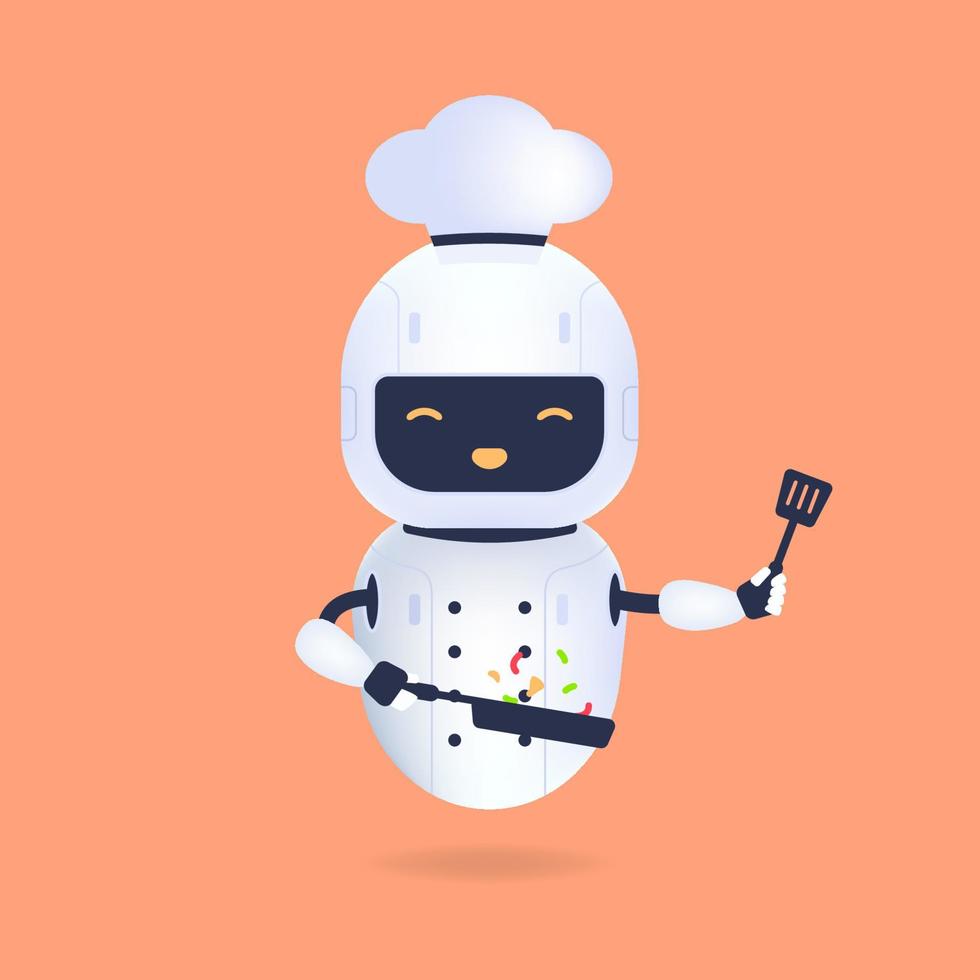 White friendly chef robot with pan and turner. Cooking Robot Artificial Intelligence concept. vector