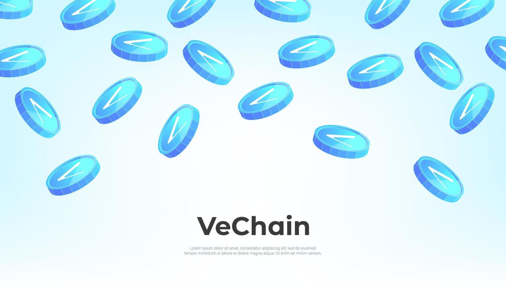 moneda vechain cayendo del cielo. Fondo de banner de concepto de criptomoneda veterinaria. vector