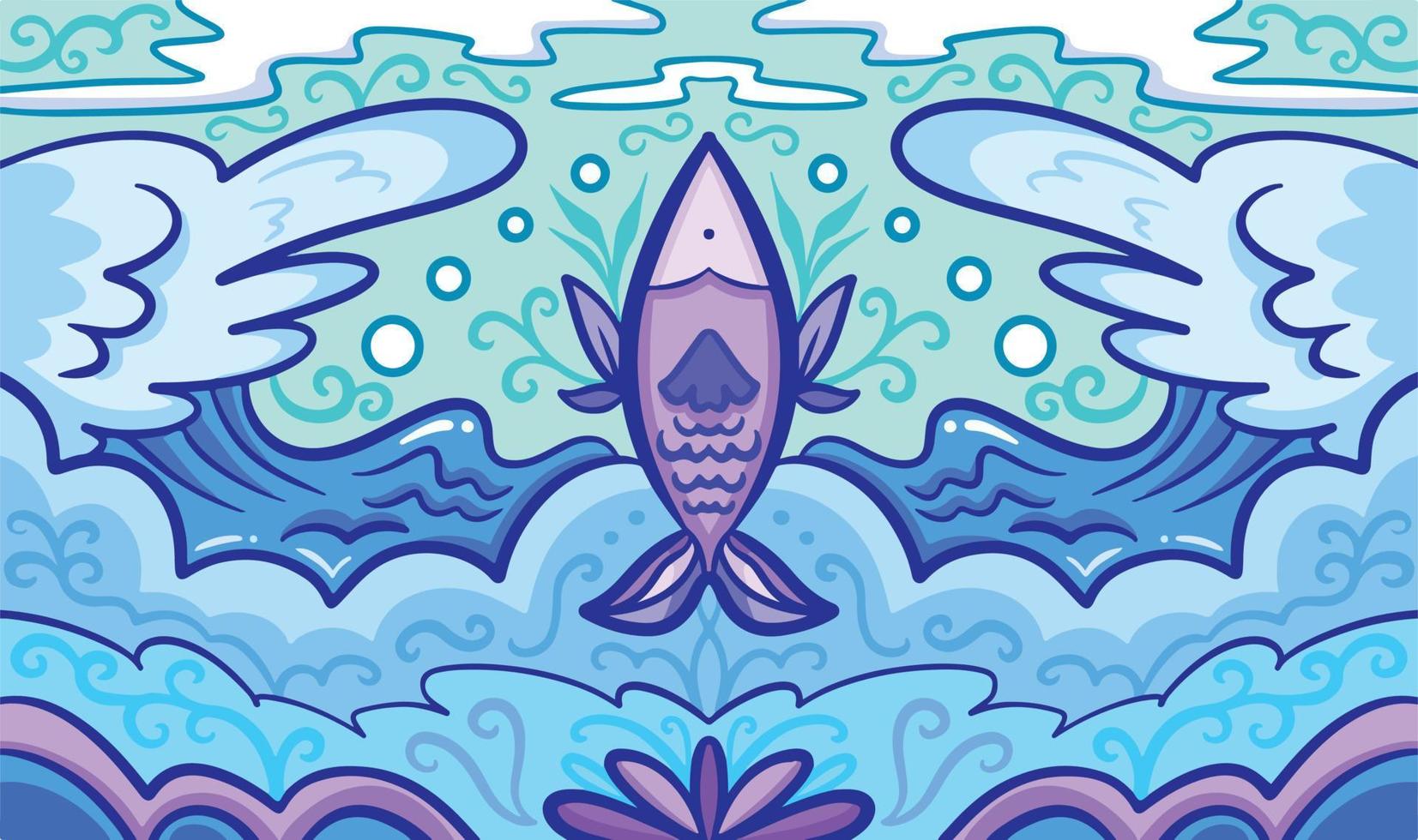 Blue sea themed with fish drawing vector illustration symmetrical  background. Symmetry wallpaper for desktop backdrop, social media post,  website, or brochure wallpaper. Isolated marine themed art. 14295446 Vector  Art at Vecteezy