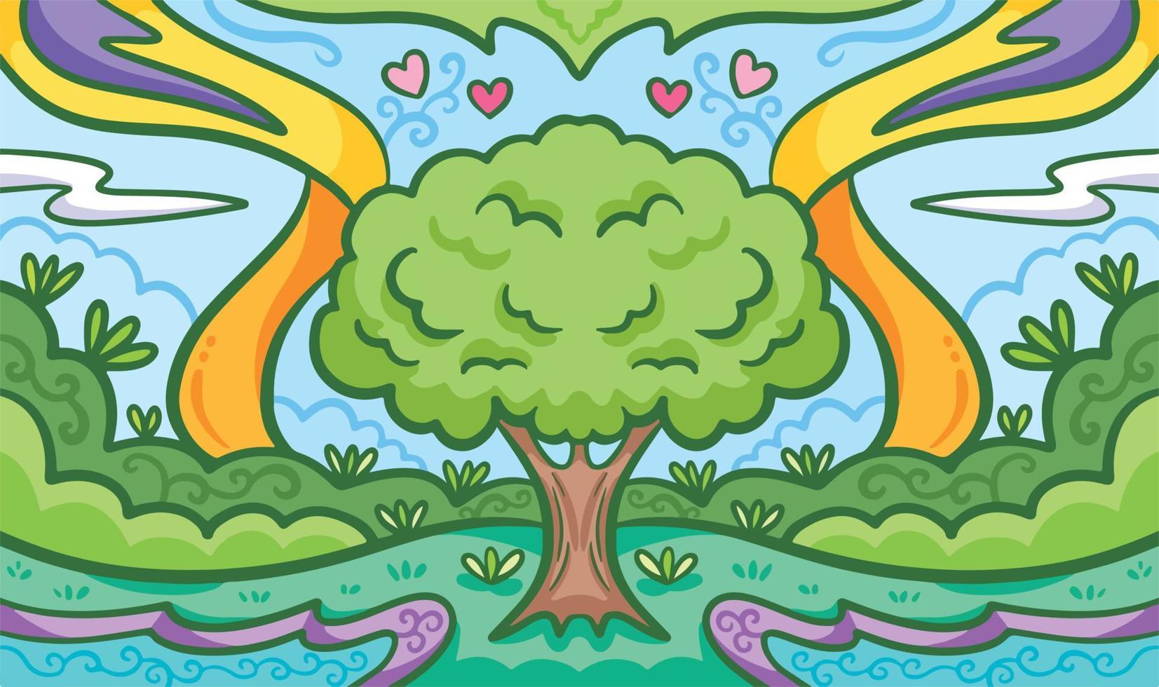 Fresh and beautiful tree natural themed vector background. Greenery wallpaper for poster or website backdrop with cartoon flat art style and clean line art. Colorful drawing with love earth theme
