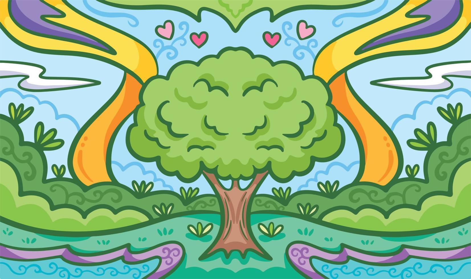 fondo de vector temático natural de árbol fresco y hermoso. papel pintado de vegetación para afiche o fondo de sitio web con estilo de arte plano de dibujos animados y arte de línea limpia. dibujo colorido con el tema de la tierra del amor