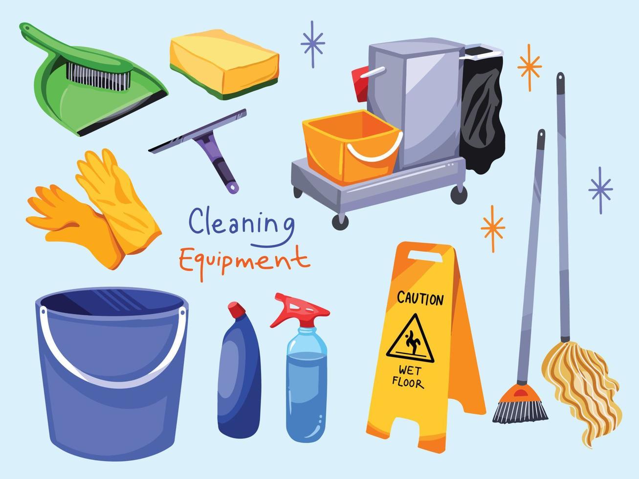 Cleaning service job equipment set collection vector illustration with cartoon flat art style drawing. From broom, gloves, sponge, spray bottle, and others.