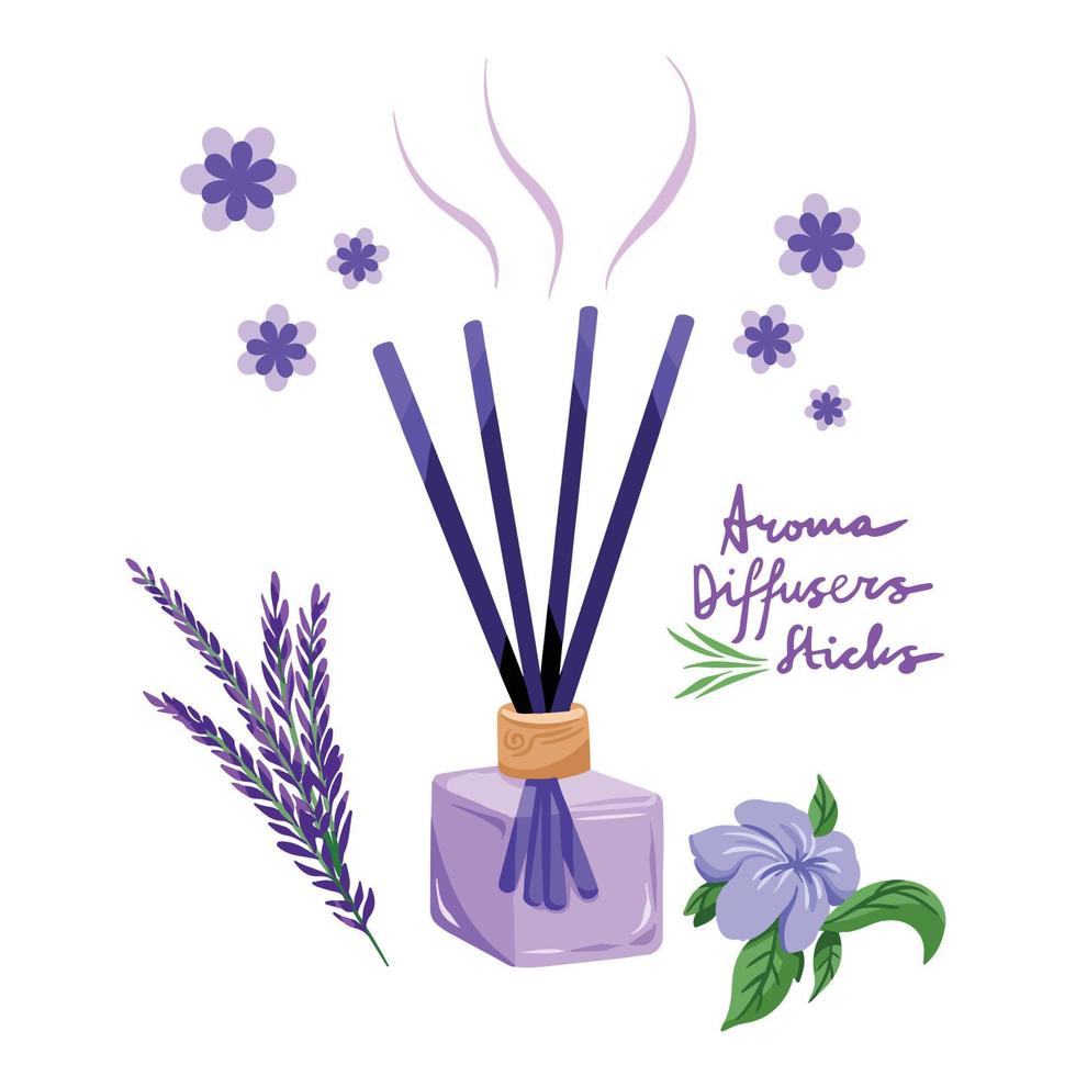 palos de difusor de aroma aromático púrpura lavanda con decoración de flores ilustración vectorial con dibujo de estilo de arte plano de dibujos animados, coloreado y aislado sobre fondo blanco liso. relajante tema de spa. vector