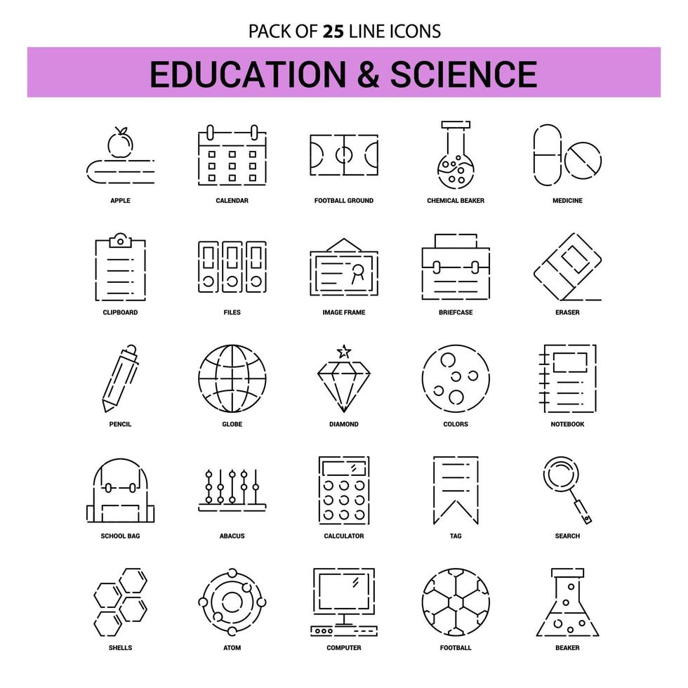 Education and Science Line Icon Set 25 Dashed Outline Style vector