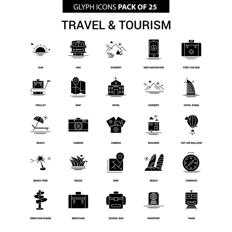 conjunto de iconos de vector de glifo de viajes y turismo