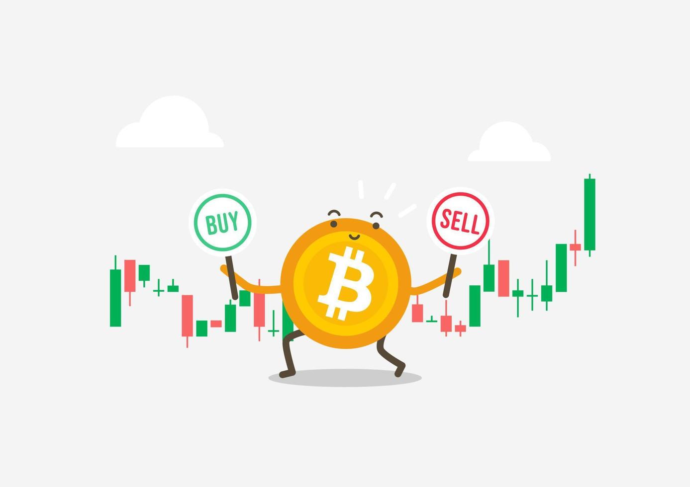 Bitcoin holding buy or sell sign with candlestick chart. Cryptocurrency cartoon concept. vector