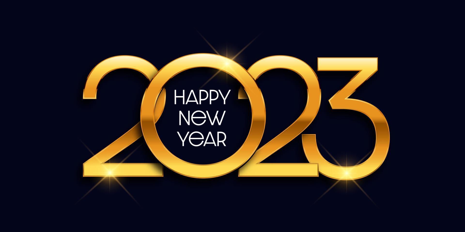 banner de feliz año nuevo con diseño de números de oro metálico vector
