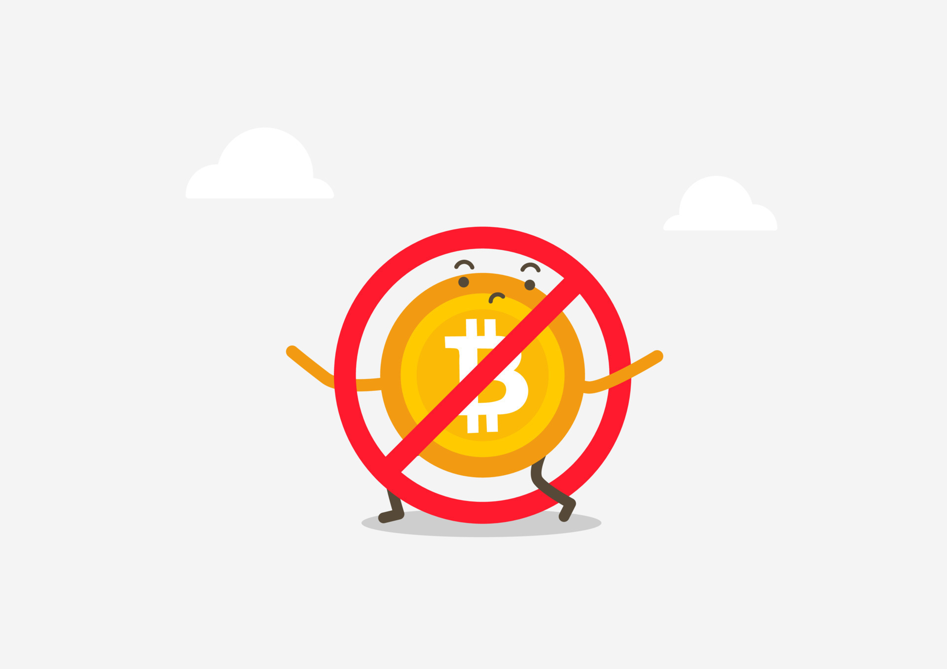 Crossed bitcoin cartoon character. Bitcoin crypto currency banned