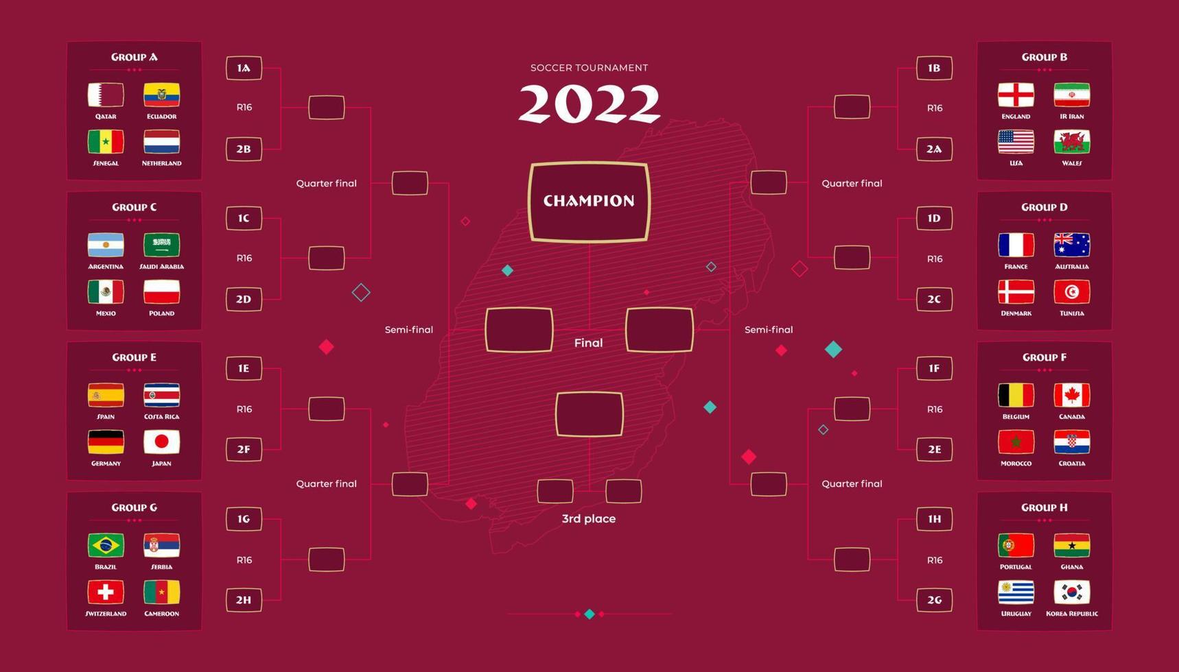 Match schedule 2022 final draw results table, flags of countries participating to the international soccer tournament in Qatar. vector illustration