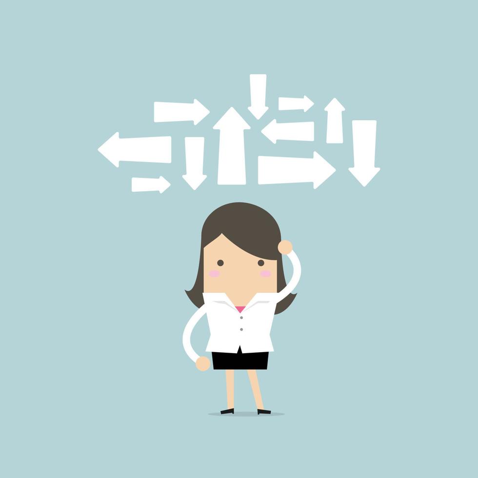 Businesswoman making decision where to go next, Business direction, thinking concept. vector