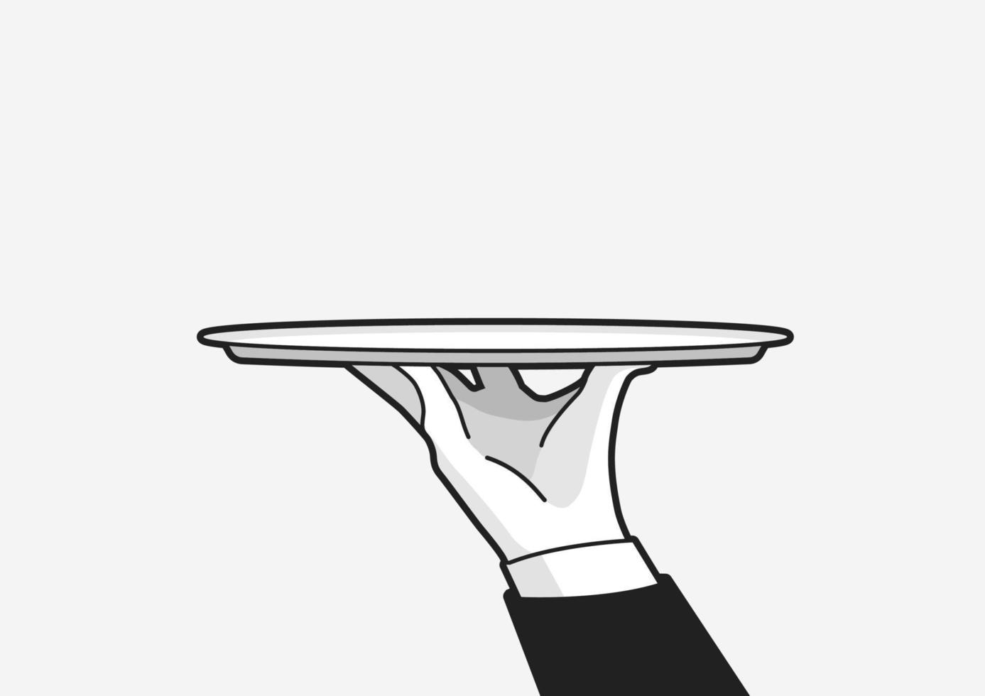 mano de camarero en guante sosteniendo una gran bandeja de plata. vector