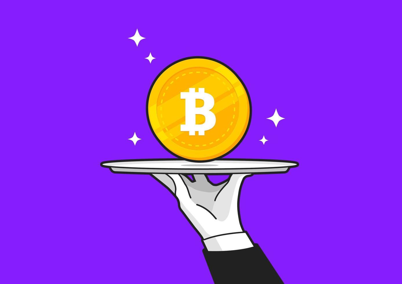 Waiter holding tray or salver and offering gold Bitcoin cryptocurrency coin. vector