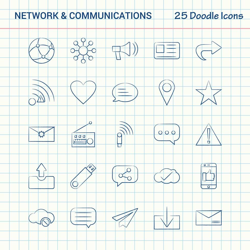 red y comunicación 25 iconos de doodle conjunto de iconos de negocios dibujados a mano vector