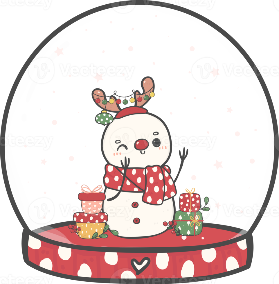 lindo boneco de neve de natal no globo de neve decoração de cana desenhos animados doodle mão desenho png