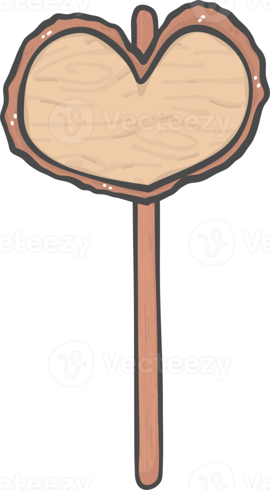 brown wooden sign board heart shape on pole stick simple doodle cartoon drawing png