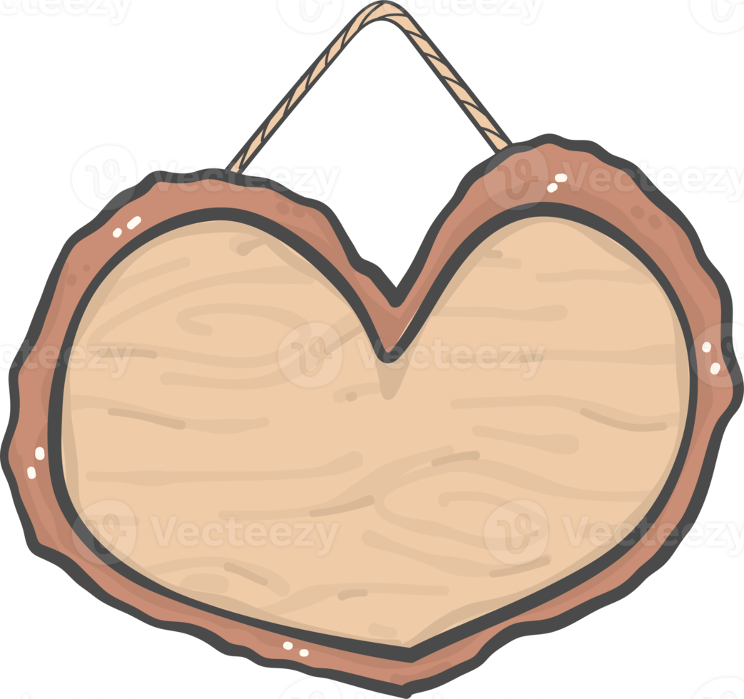 forme de coeur de panneau en bois brun suspendu dessin de dessin animé simple doodle png