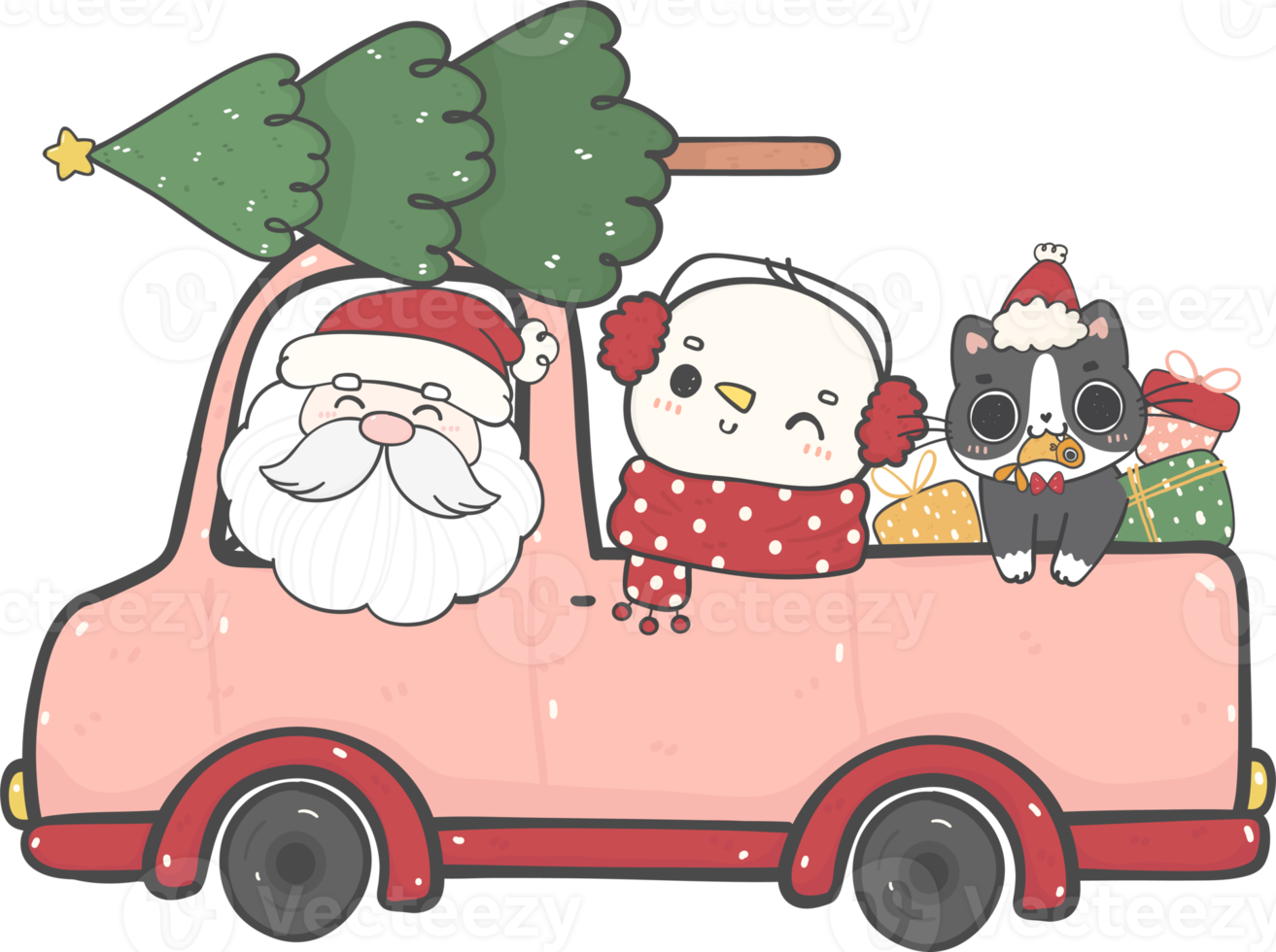 boneco de neve fofo, papai noel e gatos no carro de natal desenhos animados doodle desenhados à mão png