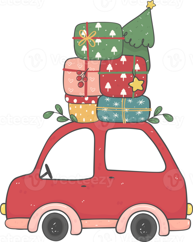 cute Christmas car cartoon doodle hand drawn png