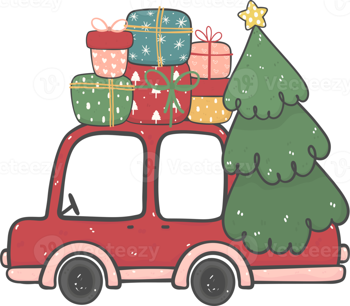 cute Christmas car cartoon doodle hand drawn png