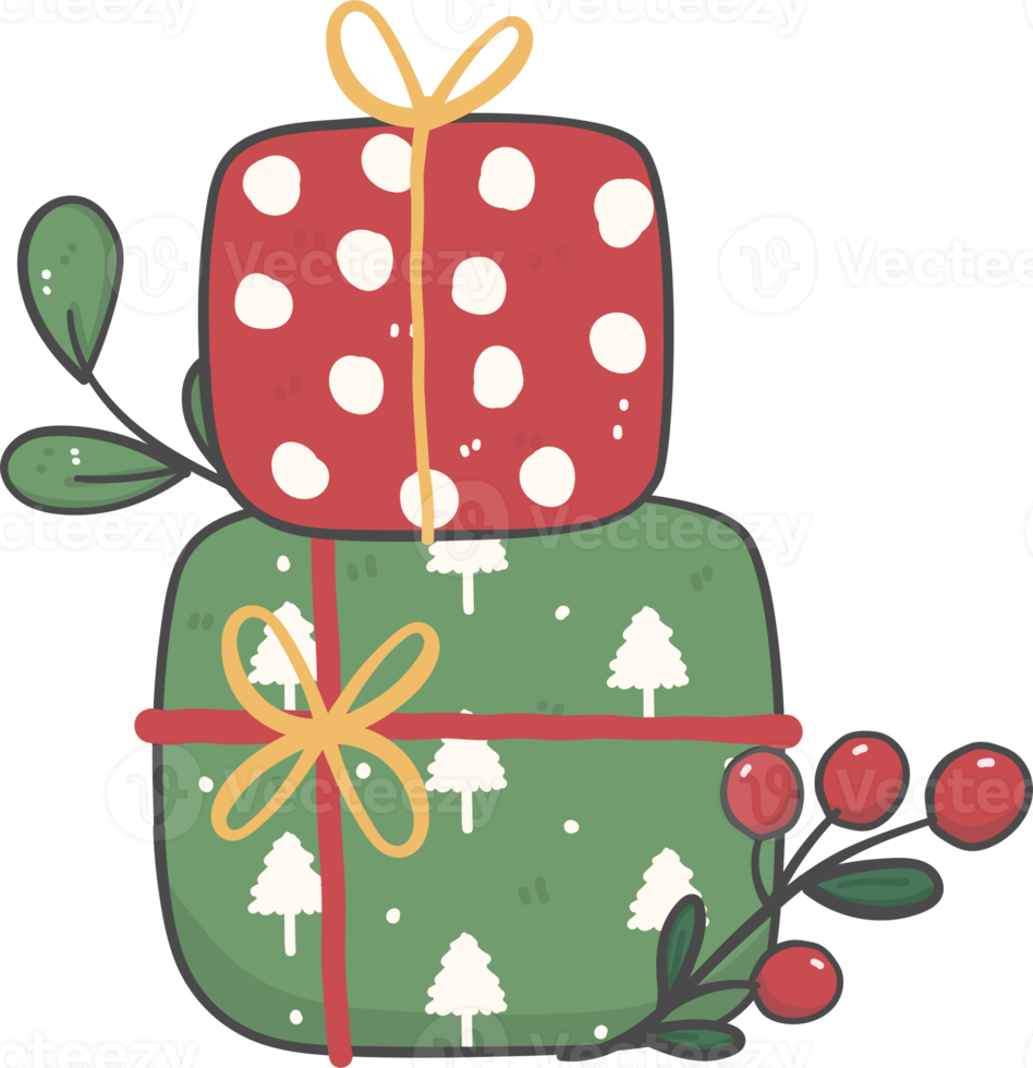 cute stacked of Christmas gift boxes cartoon doodle hand drawn png